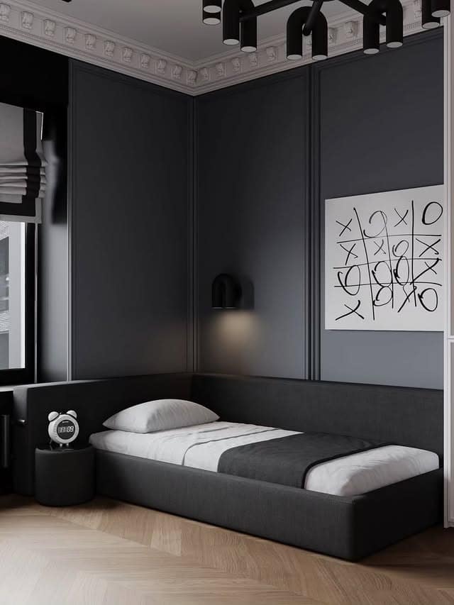 15. Dark Charcoal Panel Bedroom with Low Platform Bed - black, white and grey bedroom ideas