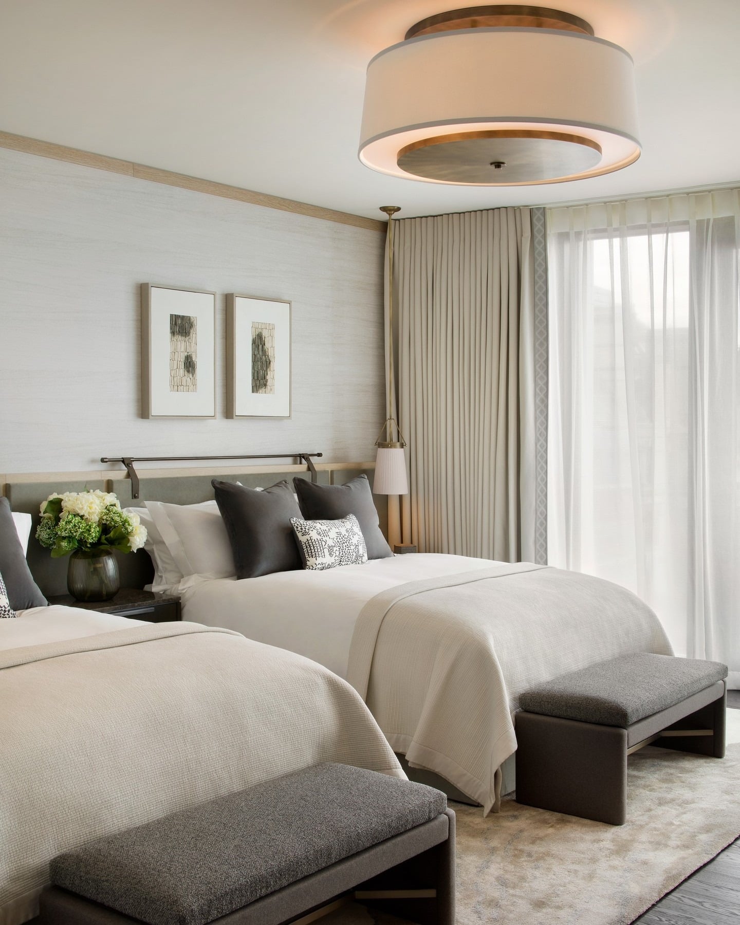 17. Soft Neutral Grey Twin Bedroom with Layered Textiles - black, white and grey bedroom ideas