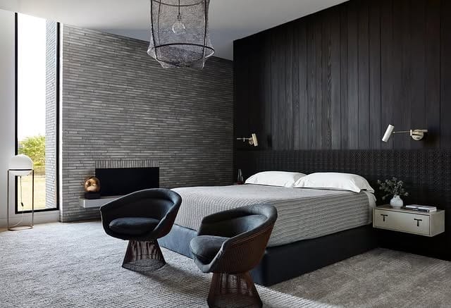 18. Modern Black Accent Wall Bedroom with Textural Contrast - black, white and grey bedroom ideas