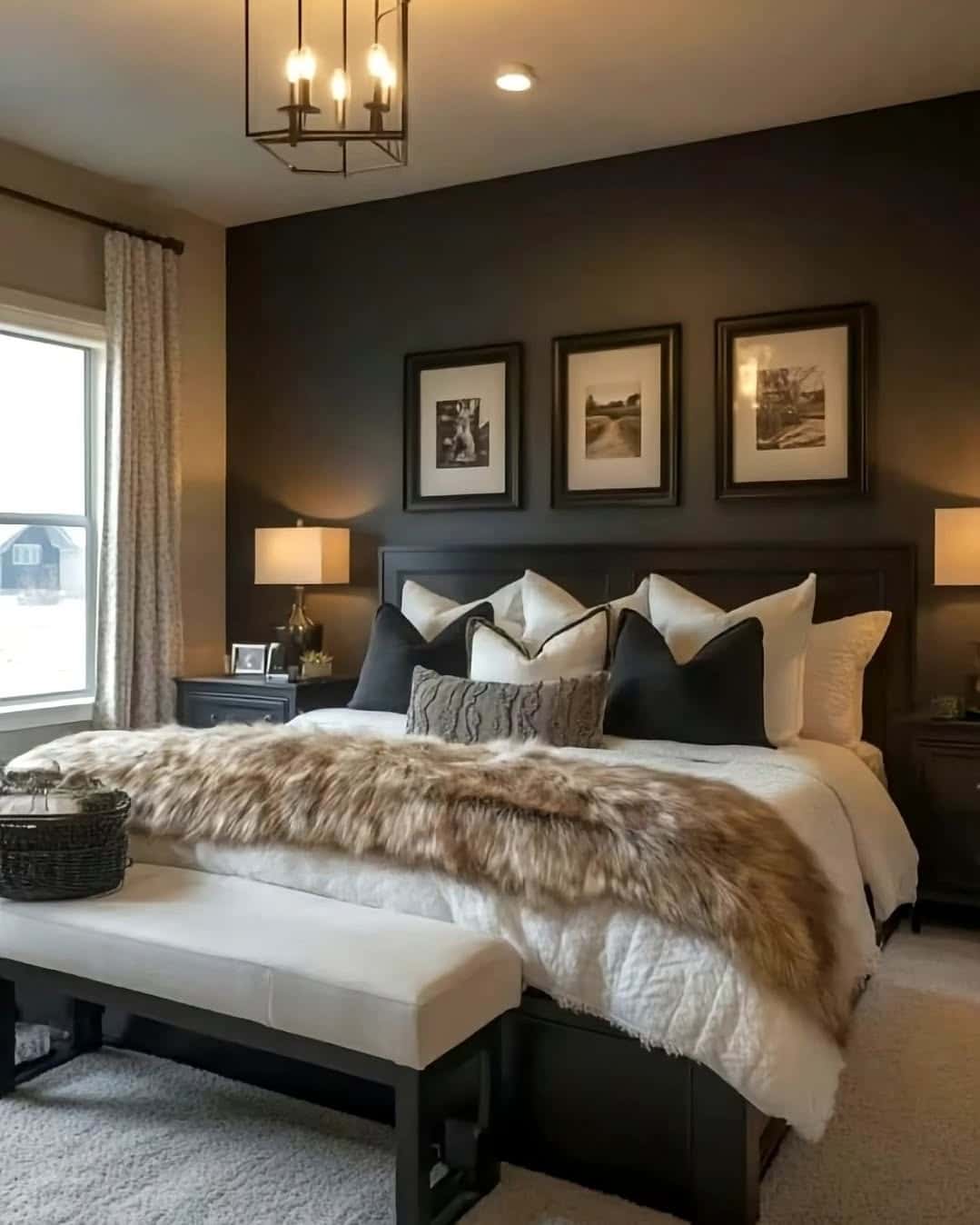21. Cozy Black Accent Wall Bedroom with Warm Neutrals - black, white and grey bedroom ideas