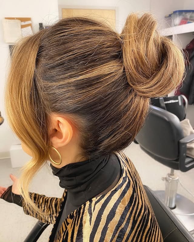 12. Golden Brunette Sleek Top Knot with Face Frame - Top Knot Hairstyles