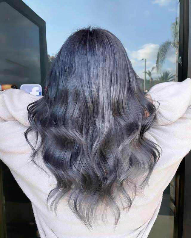 10. Ash Blue Metallic Waves - Smoky Blue Hair Color