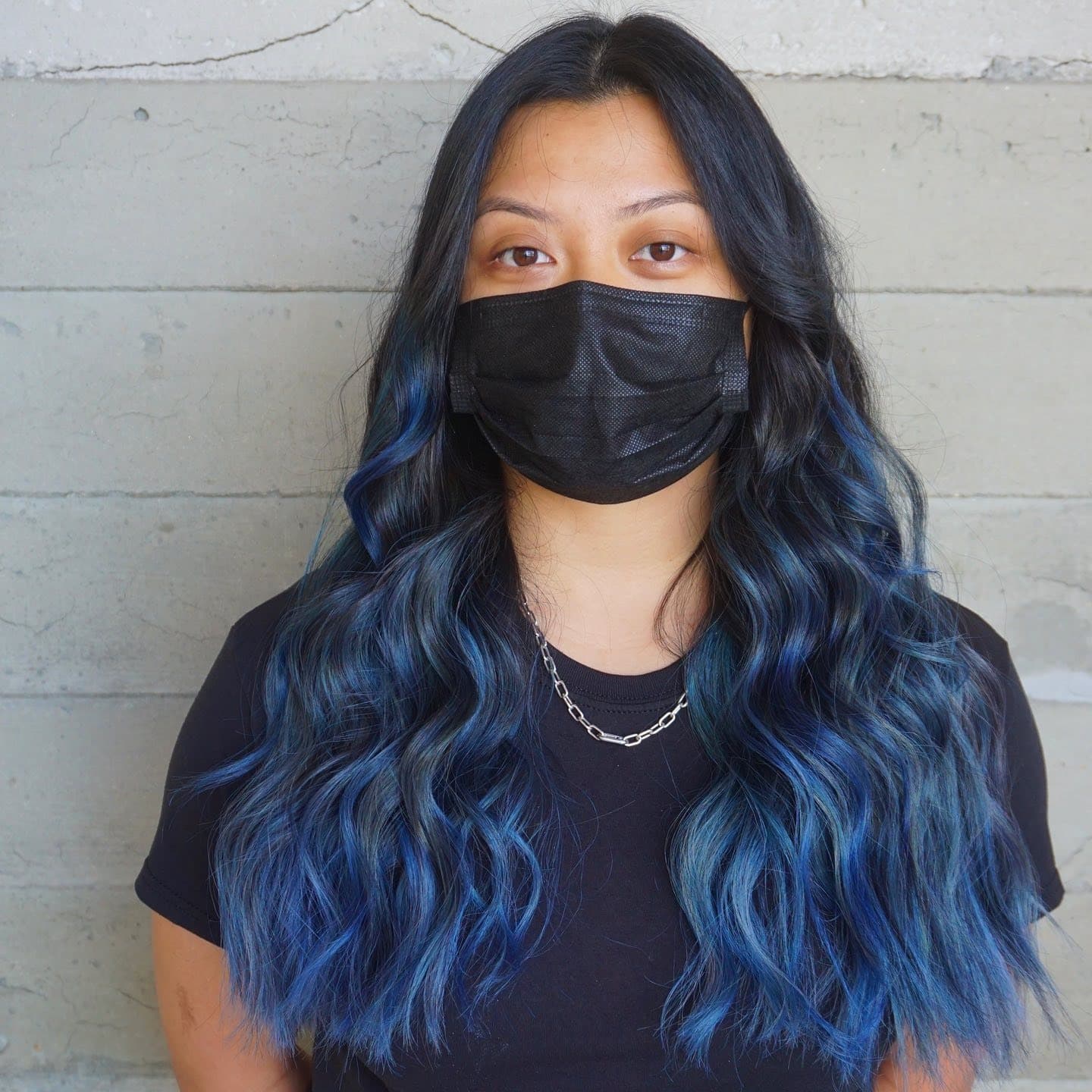 13. Blue-Infused Black Long Waves - Smoky Blue Hair Color