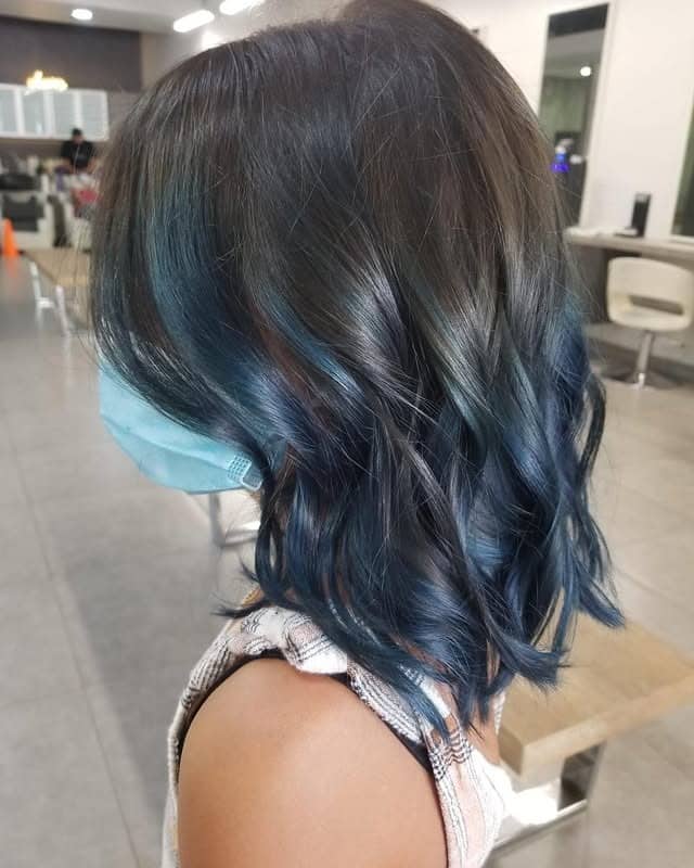 17. Cool Blue Dimensional Shoulder-Length Waves - Smoky Blue Hair Color