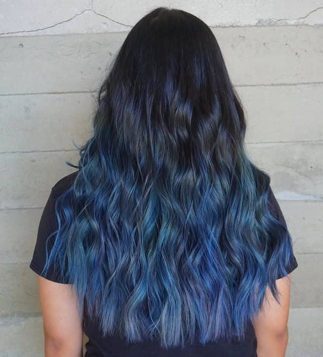 20. Deep Navy to Smoky Blue Ombre Waves - Smoky Blue Hair Color