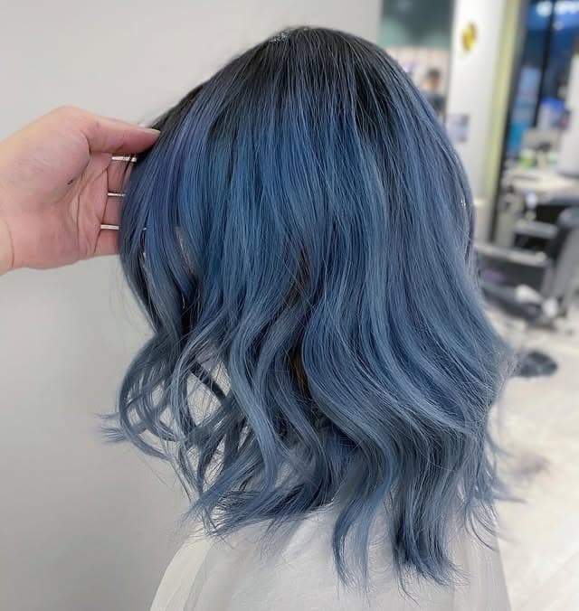 22. Dusty Smoky Blue Soft Wave Lob - Smoky Blue Hair Color
