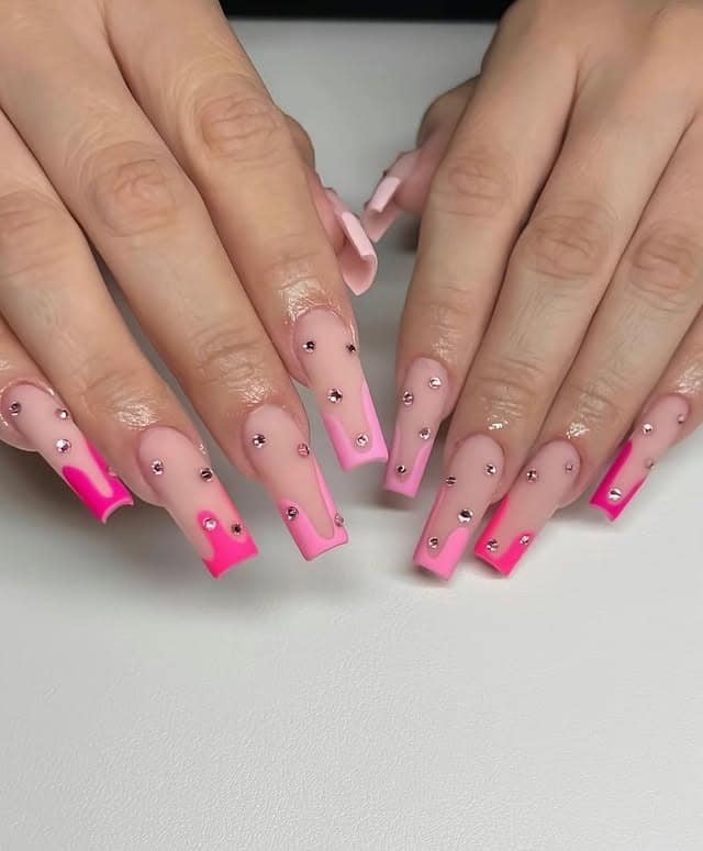 1. Neon Pink Drip French Tip Long Square Nails - homecoming nail ideas