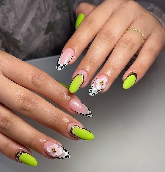 2. Lime Green Floral Accent Almond Nails - homecoming nail ideas