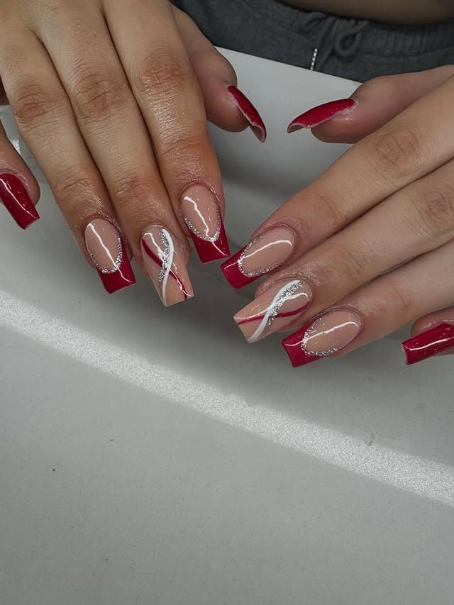 6. Red French Tip Square Nails with Glitter Waves - homecoming nail ideas