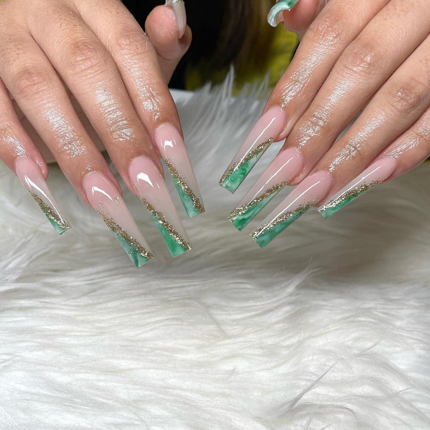9. Emerald Green Marble Glitter Coffin Nails - homecoming nail ideas