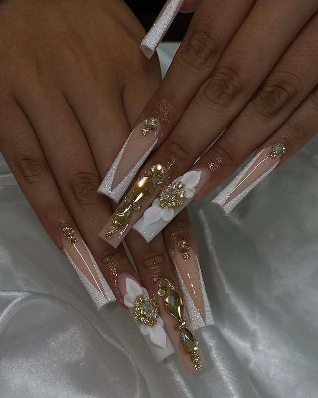 10. Nude and Gold Crystal Embellished Coffin Nails - homecoming nail ideas