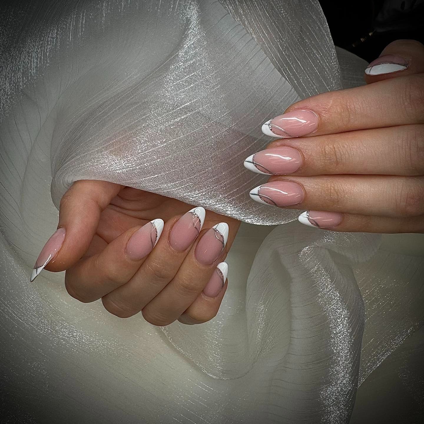 13. Soft Pink and White Micro French Almond Nails - homecoming nail ideas