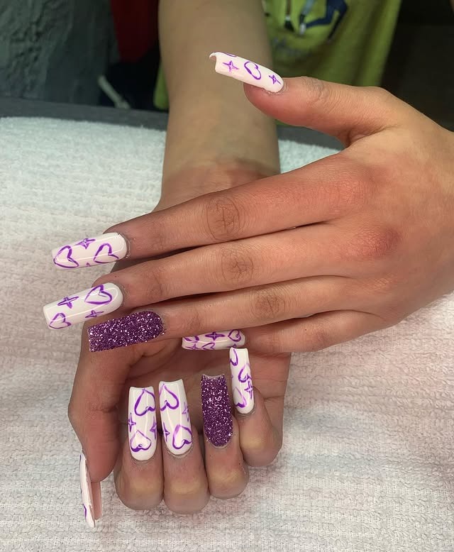 15. Purple Glitter and Heart Detail Square Nails - homecoming nail ideas