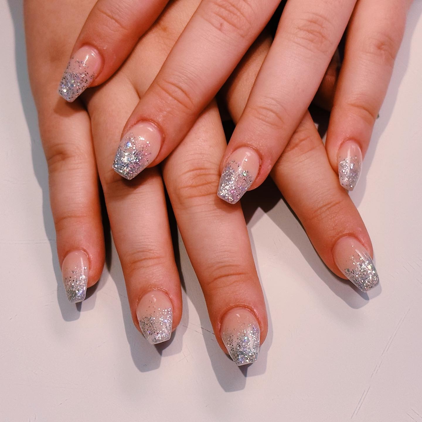 18. Silver Glitter Ombre Short Square Nails - homecoming nail ideas