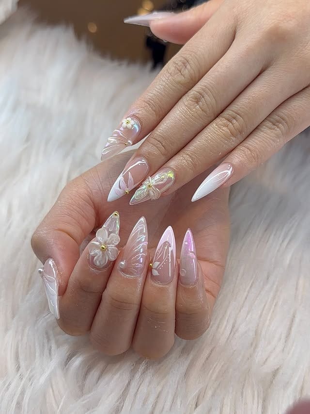 19. Sheer Pink 3D Floral Stiletto Nails with Pearl Accents - homecoming nail ideas