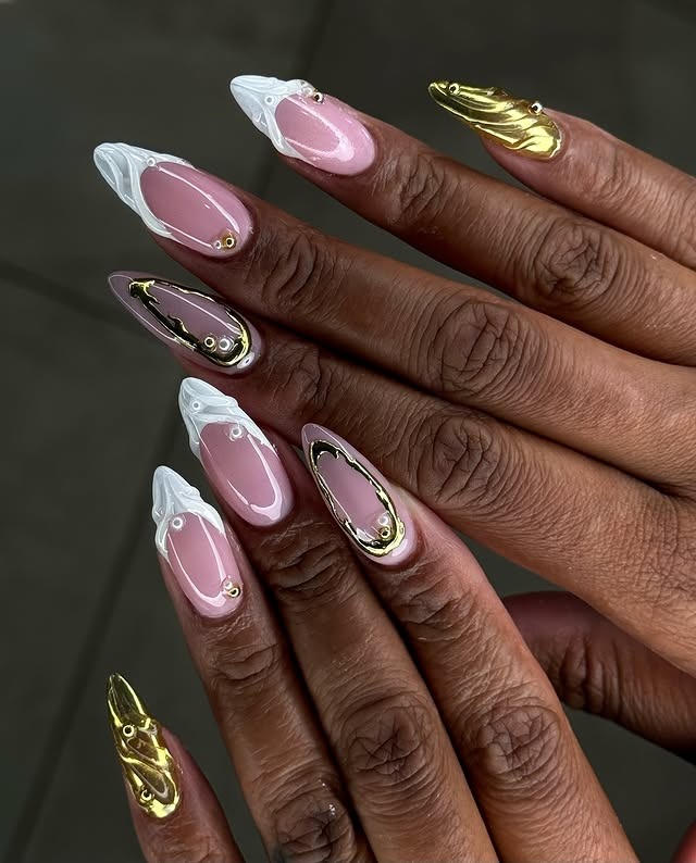 22. Pink and White Sculpted Almond Nails with Gold Chrome Details - homecoming nail ideas