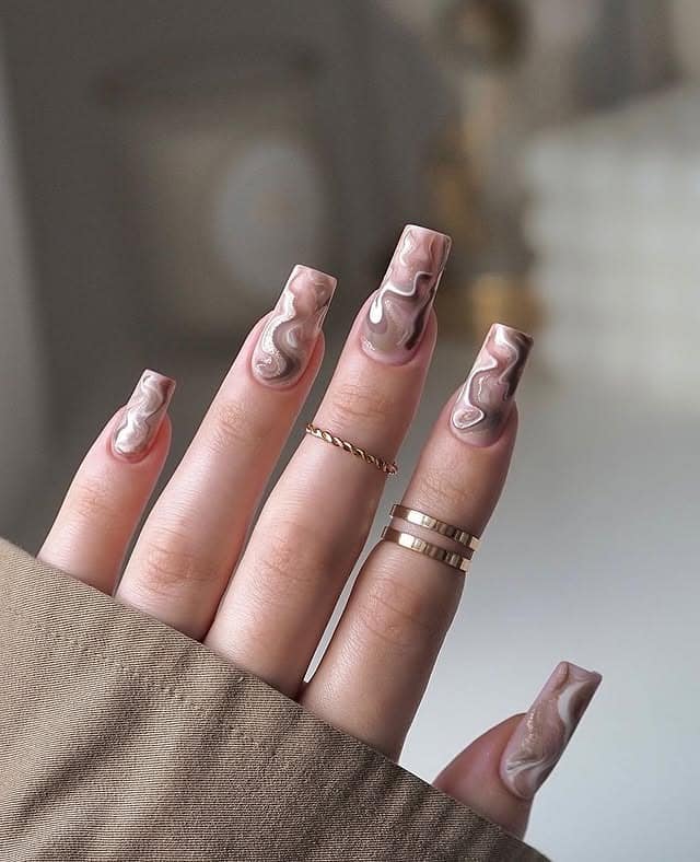 3. Mocha Marble Square Nails - fall nail ideas