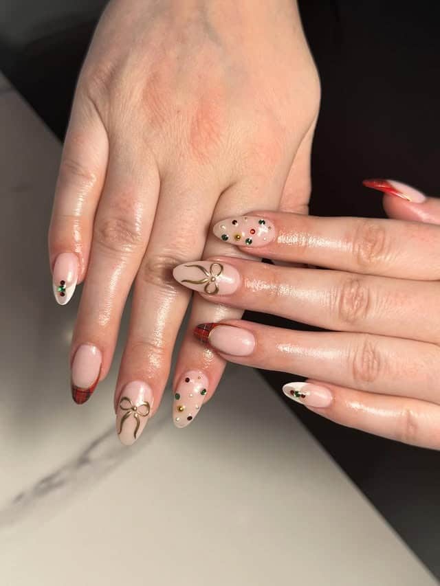 6. Nude and Plaid Accent Fall Nails - fall nail ideas