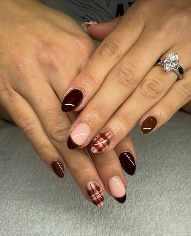 7. Burgundy and Sheer Plaid Almond Nails - fall nail ideas
