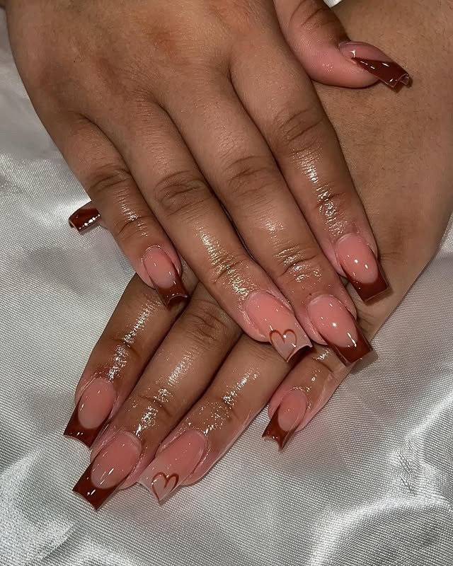 13. Glossy Brown French Square Nails with Heart Accents - fall nail ideas