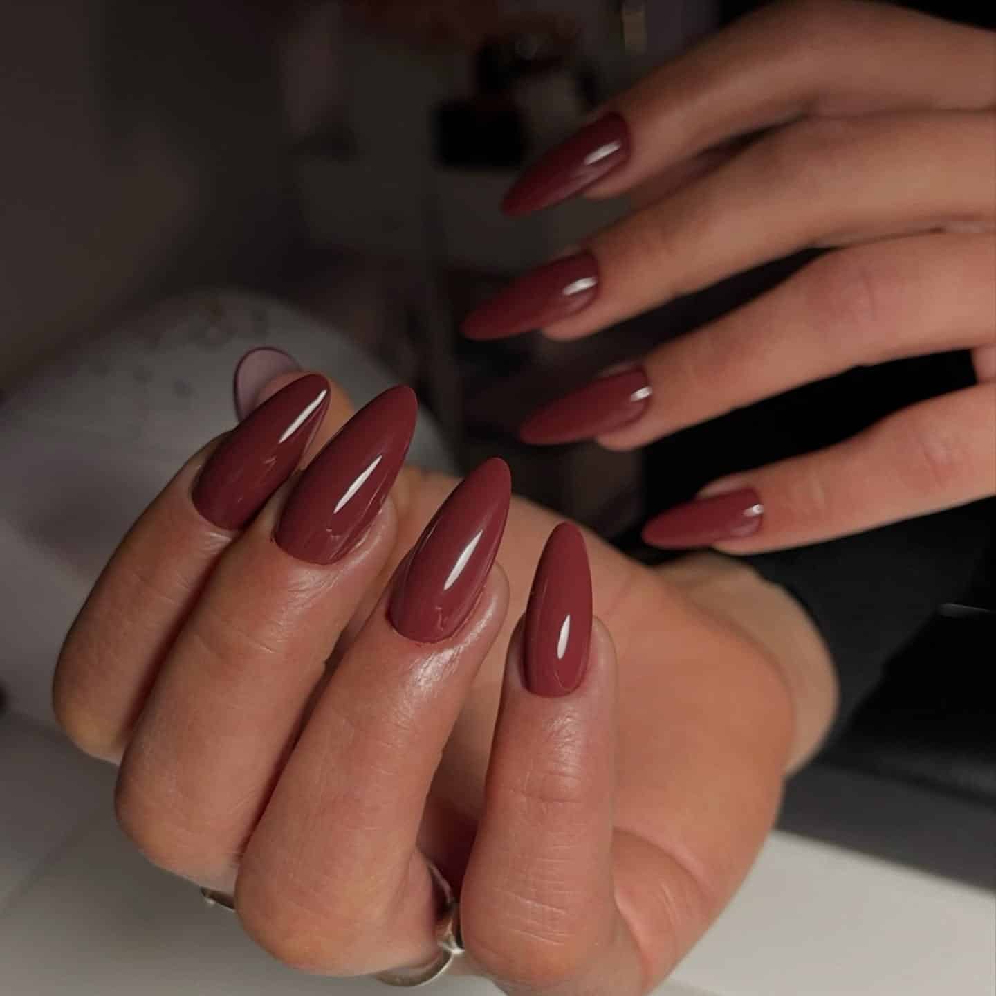 14. Deep Terracotta Gloss Almond Nails - fall nail ideas