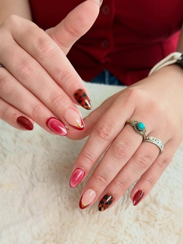 15. Red and Tortoiseshell Accent Almond Nails with Gold Detail - fall nail ideas