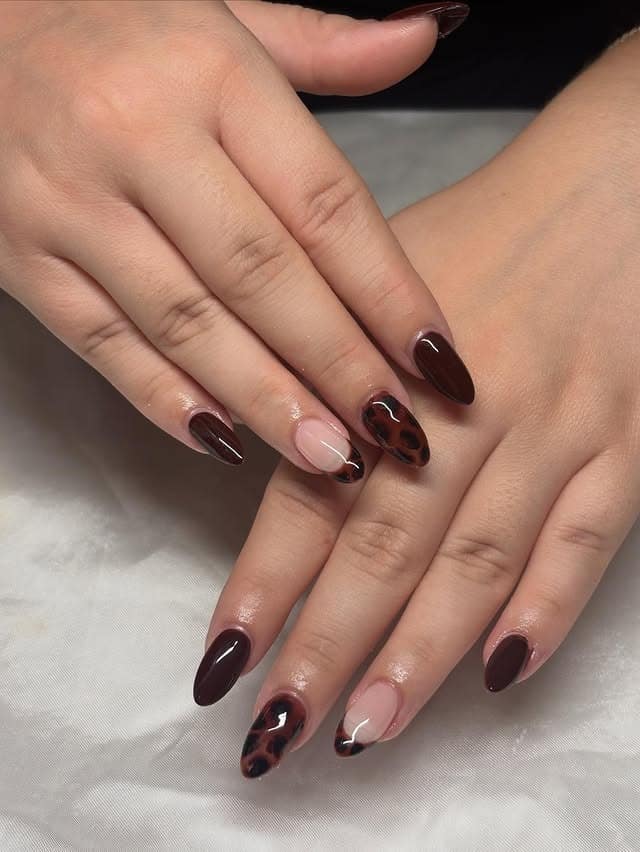19. Dark Brown and Tortoiseshell Almond Nails - fall nail ideas