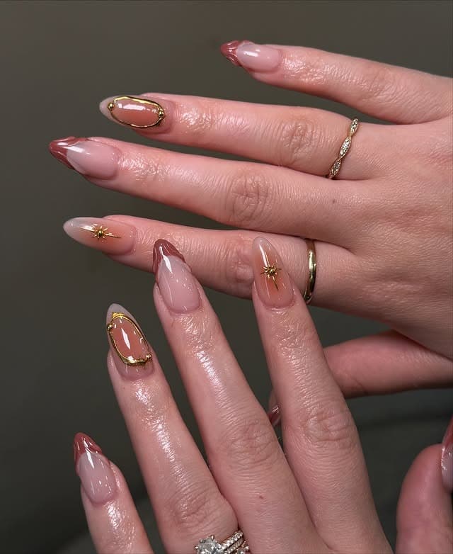 20. Neutral Abstract Almond Nails with Gold Detailing - fall nail ideas