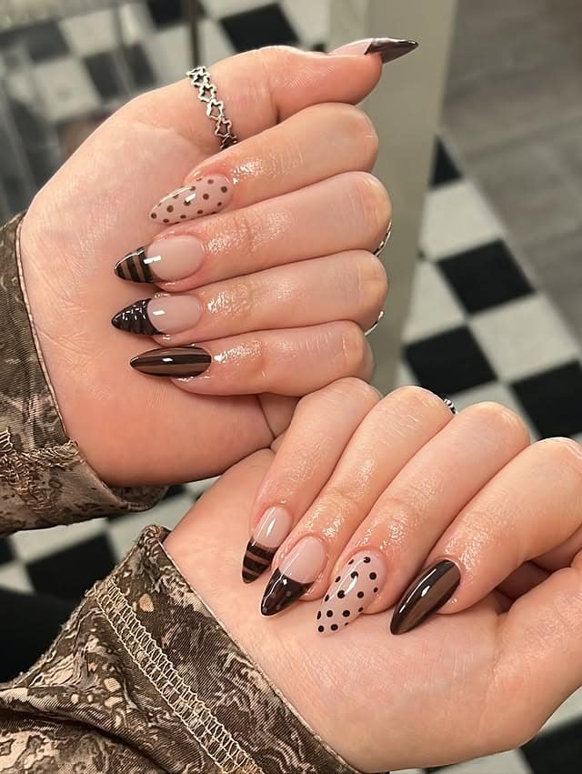 22. Chocolate Brown French and Polka Dot Almond Nails - fall nail ideas