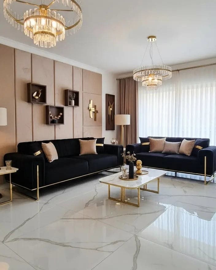 5. Luxe Black Sofa Set with Gold Frame - black sofa living room ideas