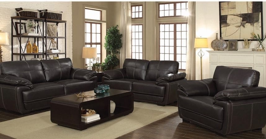 6. Classic Black Leather Living Room Suite - black sofa living room ideas