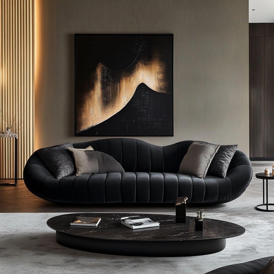 10. Sculptural Black Sofa with Artistic Backdrop - black sofa living room ideas