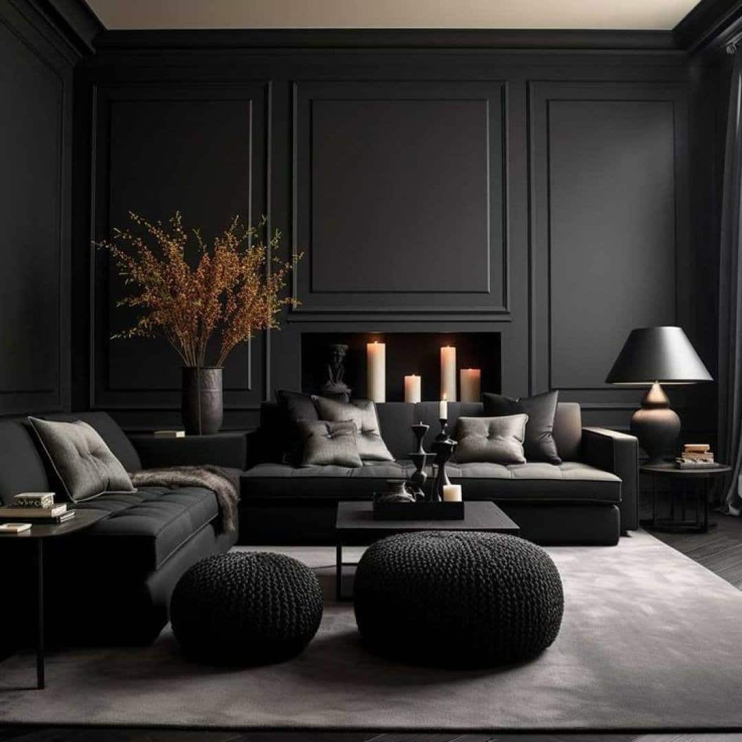 13. Monochrome Black Living Room with Layered Textures - black sofa living room ideas