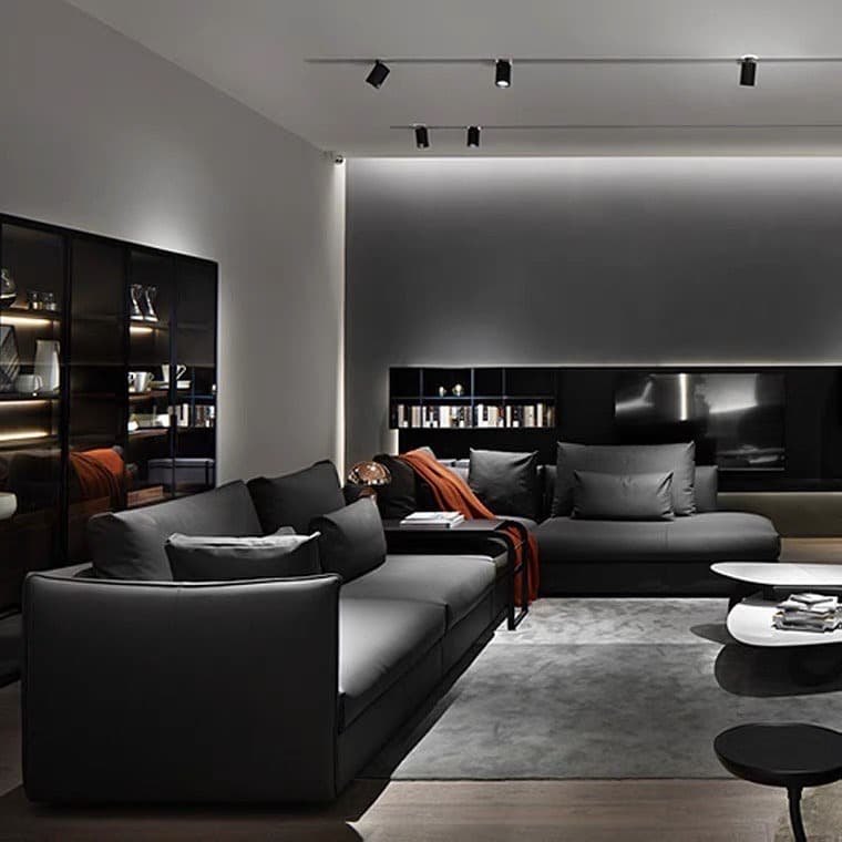 17. Modern Black Sofa with Ambient Lighting - black sofa living room ideas