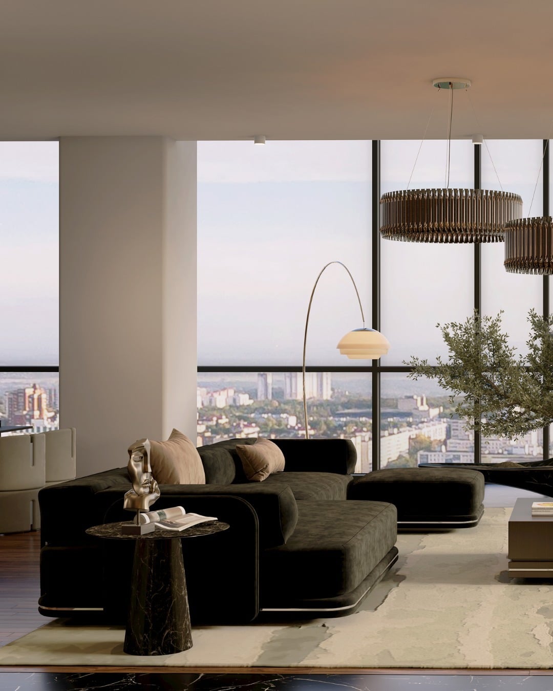 20. Contemporary Black Lounge Sofa with City View - black sofa living room ideas