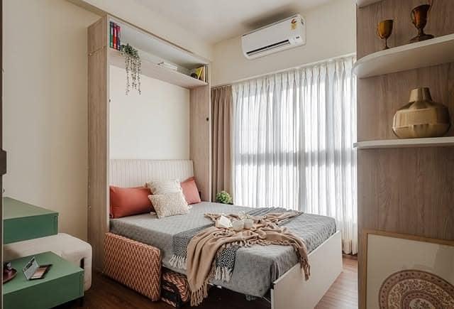 1. Compact Warm Wood Bedroom with Soft Neutrals - aesthetic bedroom ideas