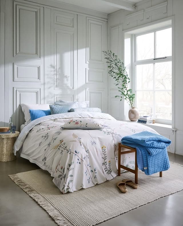 2. Classic White Panel Bedroom with Botanical Accents - aesthetic bedroom ideas