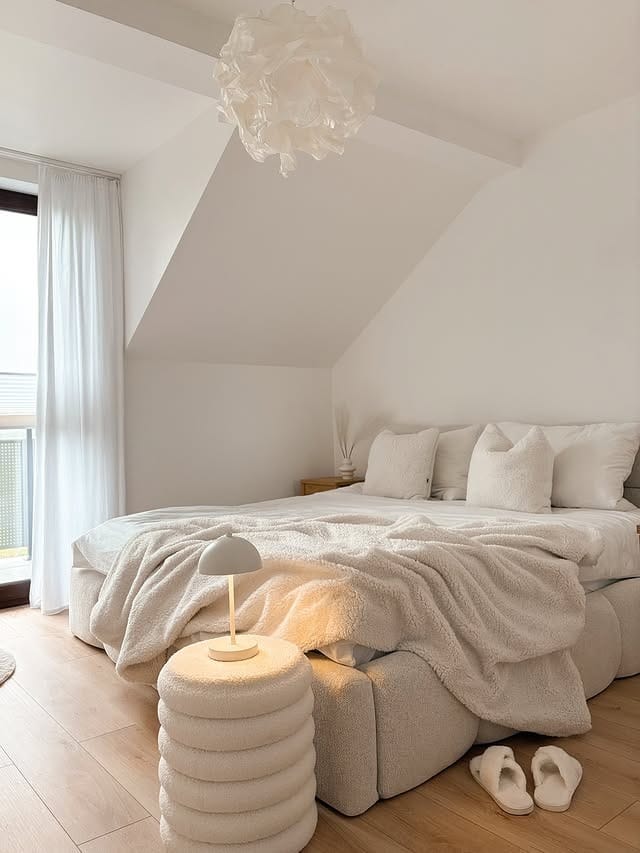 4. Minimal Attic Bedroom in Cream and Light Wood - aesthetic bedroom ideas