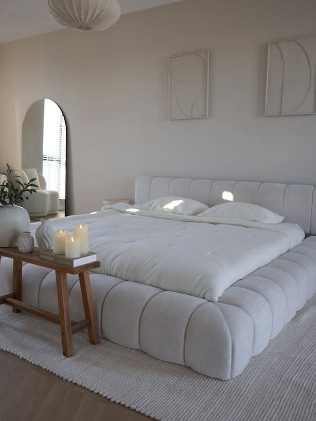 5. Modern Soft White Bedroom with Candlelit Details - aesthetic bedroom ideas