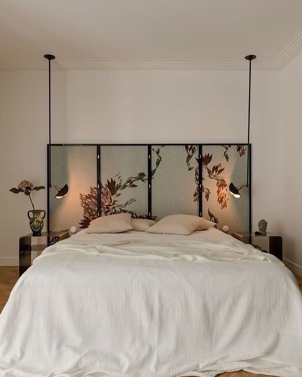 6. Artistic Neutral Bedroom with Decorative Screen Headboard - aesthetic bedroom ideas
