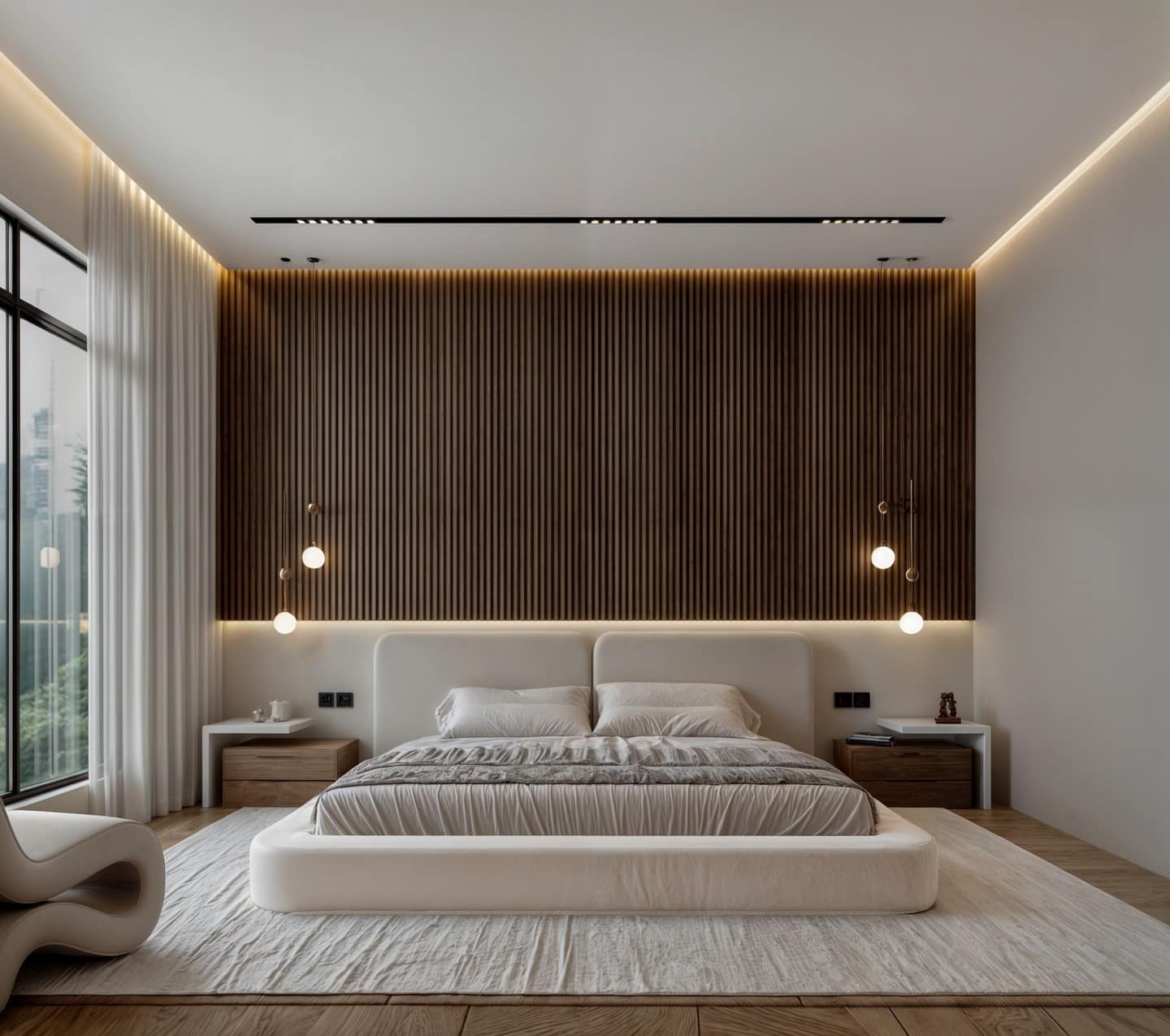 10. Modern Wood Accent Bedroom with Statement Lighting - aesthetic bedroom ideas