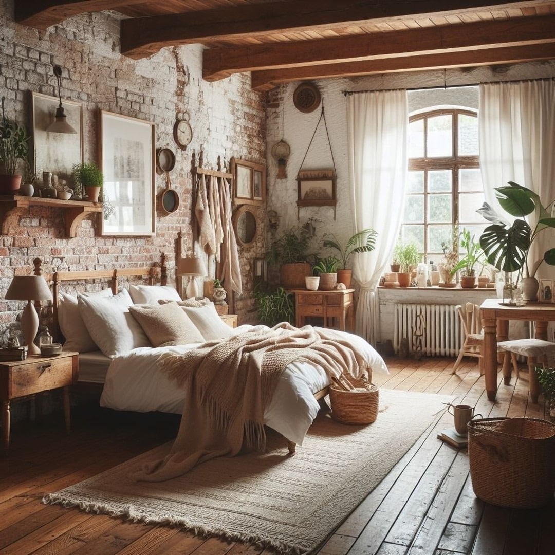 12. Rustic Warm Wood Bedroom with Brick Texture - aesthetic bedroom ideas