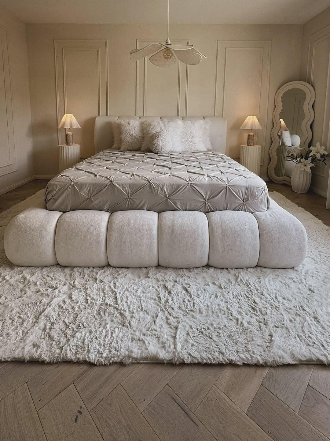 15. Textured Neutral Bedroom with Sculpted Upholstery - aesthetic bedroom ideas