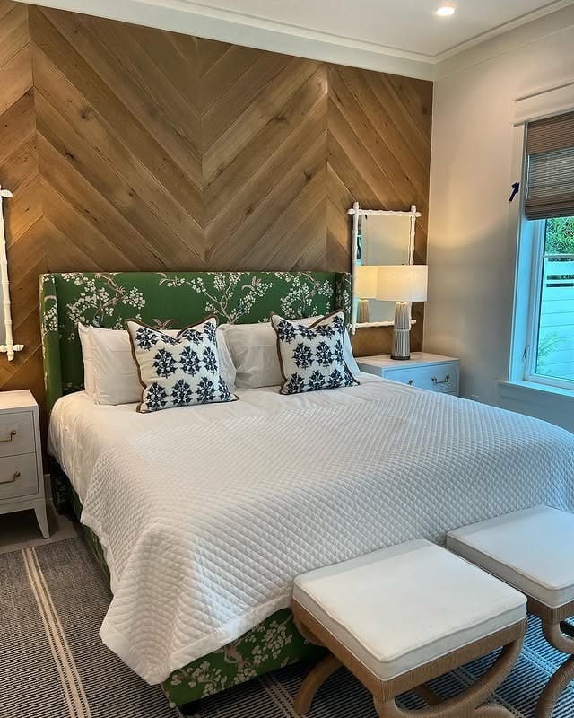 17. Contemporary Bedroom with Wood Feature Wall and Green Upholstery - aesthetic bedroom ideas