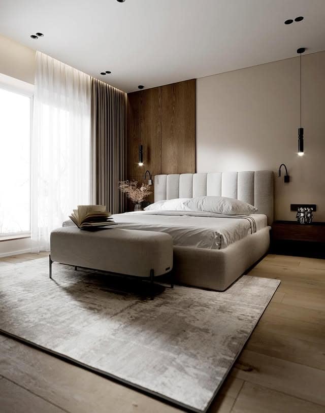 20. Modern Cozy Bedroom with Wood Panel Accent and Soft Lighting - aesthetic bedroom ideas