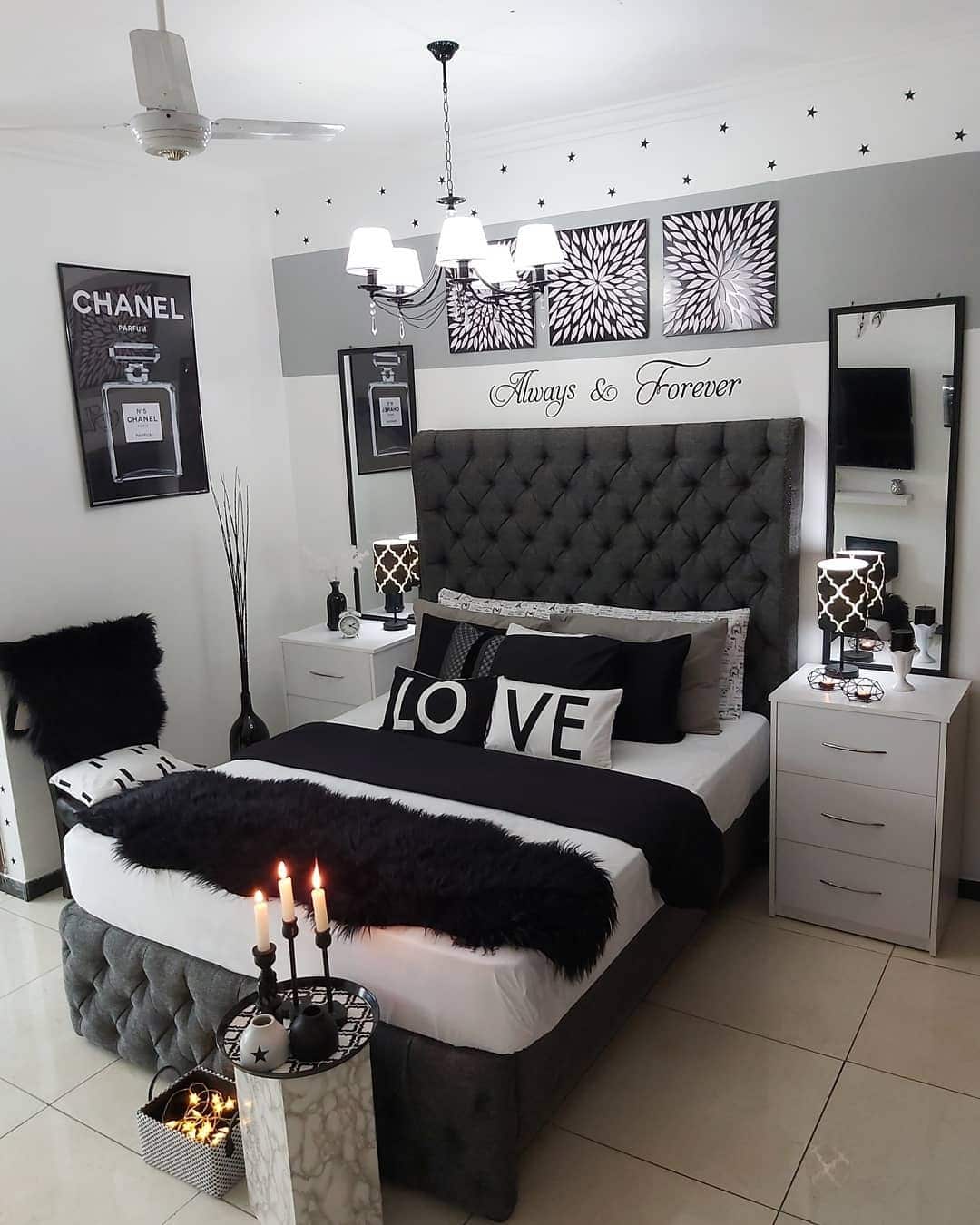 3. Glam Black and White Bedroom with Tufted Headboard - black and white bedroom ideas
