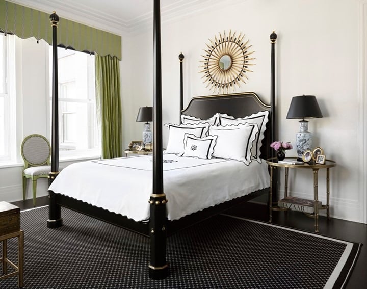 12. Classic Black and White Bedroom with Traditional Elegance and Green Accents - black and white bedroom ideas