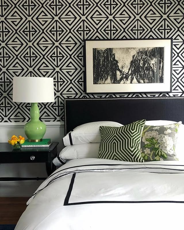 14. Graphic Black and White Bedroom with Geometric Wallpaper - black and white bedroom ideas