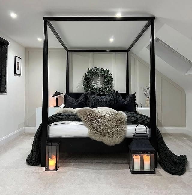 15. Cozy Black and White Bedroom with Modern Canopy Frame - black and white bedroom ideas