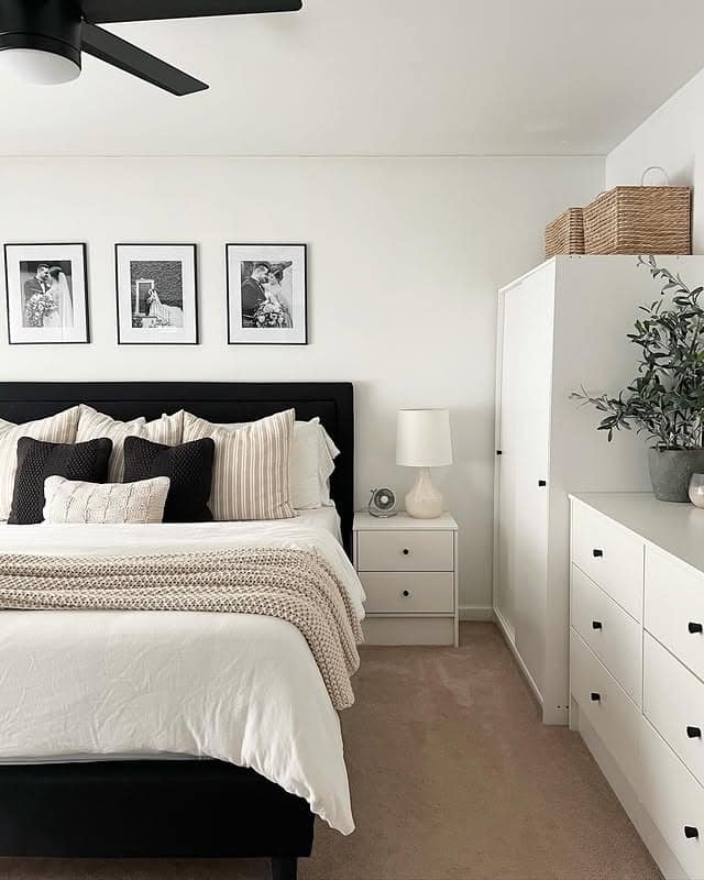 16. Minimal Black and White Bedroom with Soft Neutral Layers - black and white bedroom ideas
